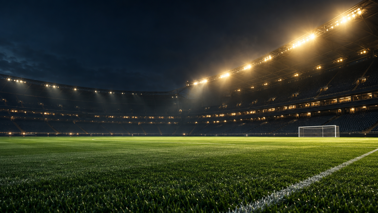 Night stadium floodlights over the pitch